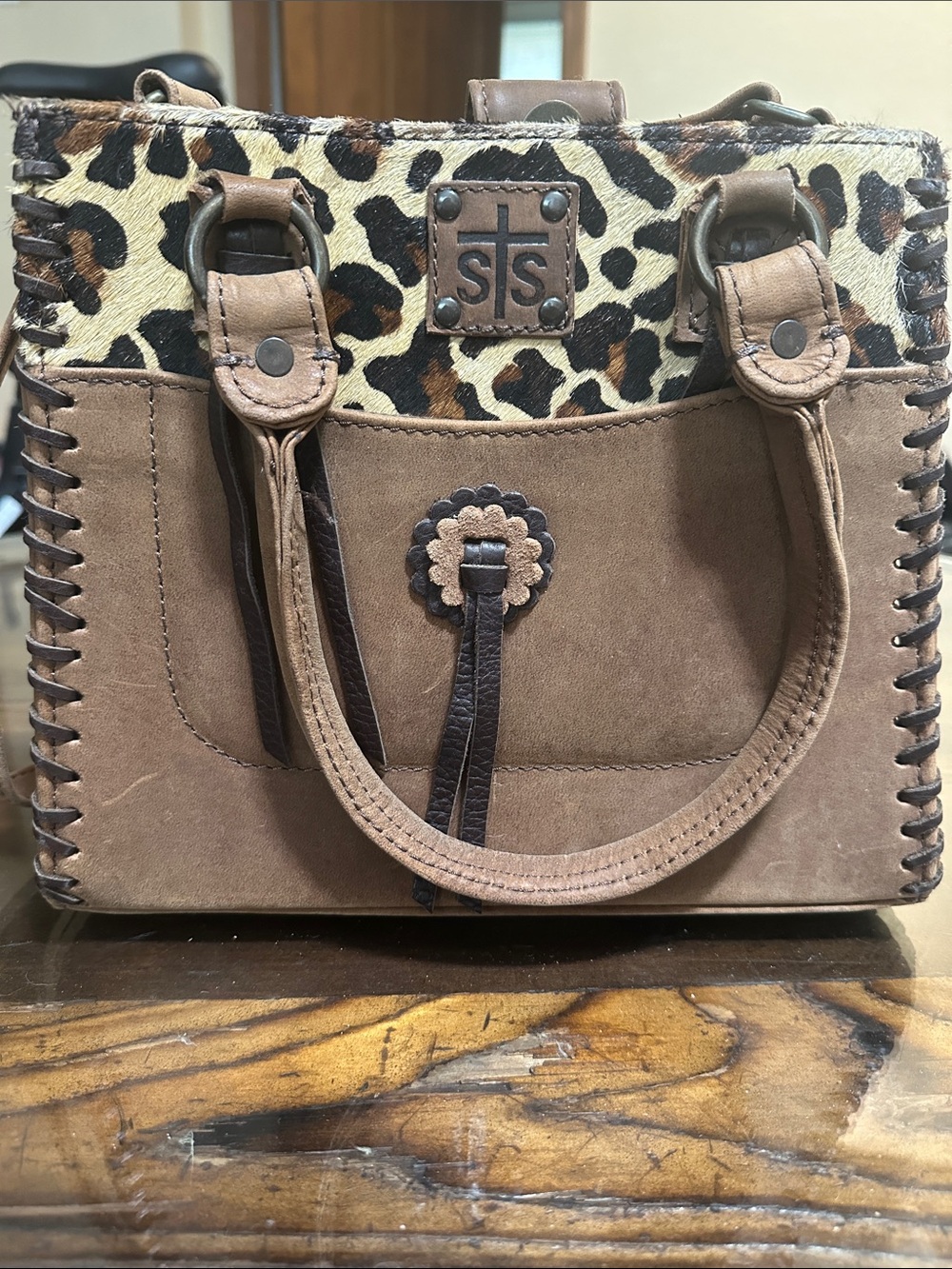 STS Brown Leather Satchel with Leopard Accent - Picture 3 of 7